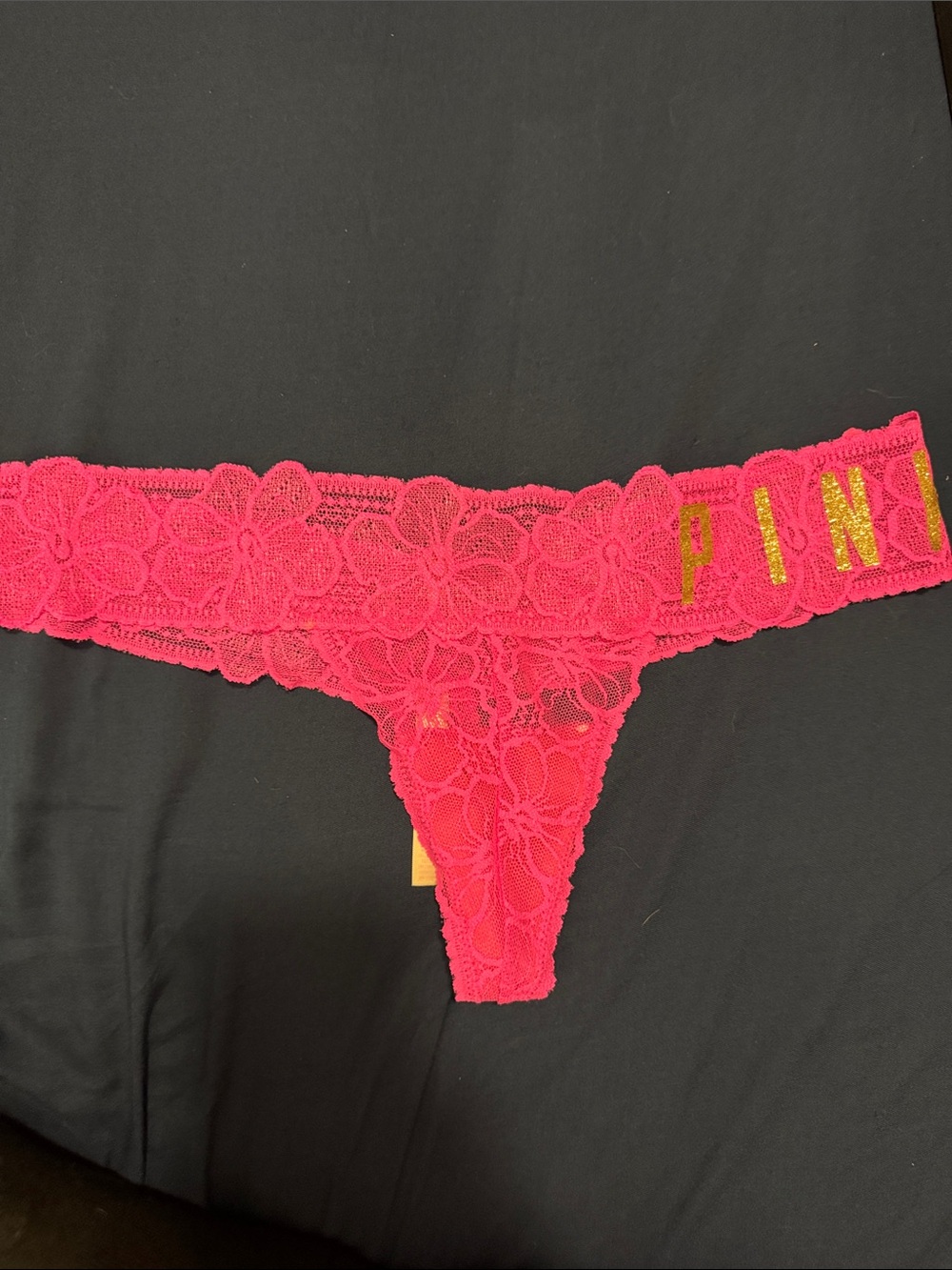 PINK Victoria's Secret Hot Pink Lace Thong with Gold Logo